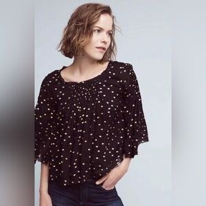 NWT Floreat Anthropologie Polka Dot Print Bell Sleeve Blouse Black & Gold Sz XS